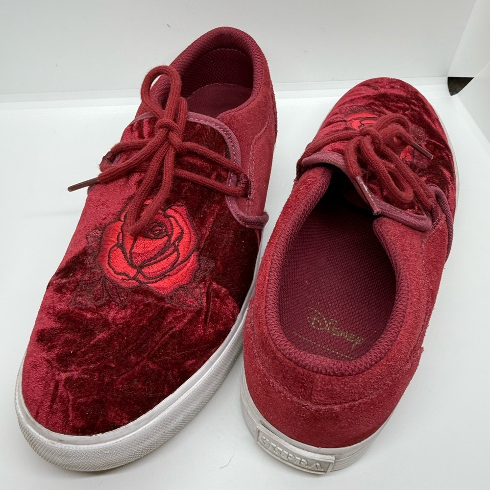 Disney X Supra Beauty & the Beast Red Velvet Sneakers with Rose Embroidery